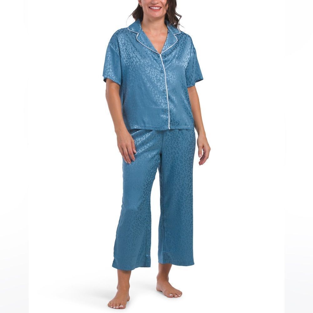 BCBG S-XL Blue White Textured Satin Short Sleeve Notch Collar Top Pants PJ Set